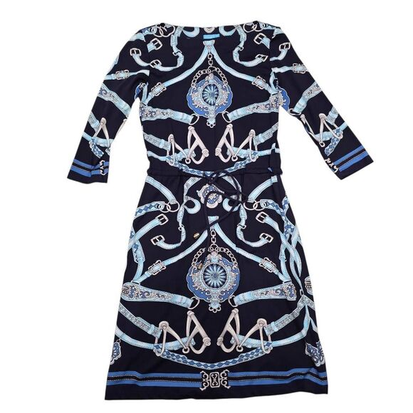 J. McLaughlin Equestrian Dress Women's XS Navy Blue Chain Print Drawstring Waist - Picture 1 of 7